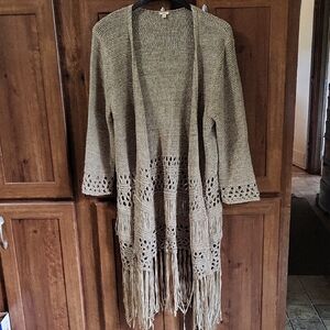 Reba Women's Beige Open-Front Sweater with Fringe